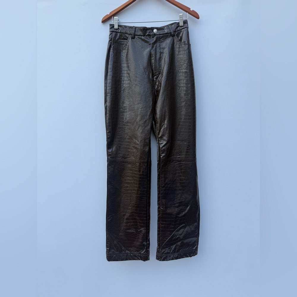 MISTRESS ROCKS LOS ANGELES High Waist Faux Croc Bootcut Dark Brown Trousers - Picture 8 of 14